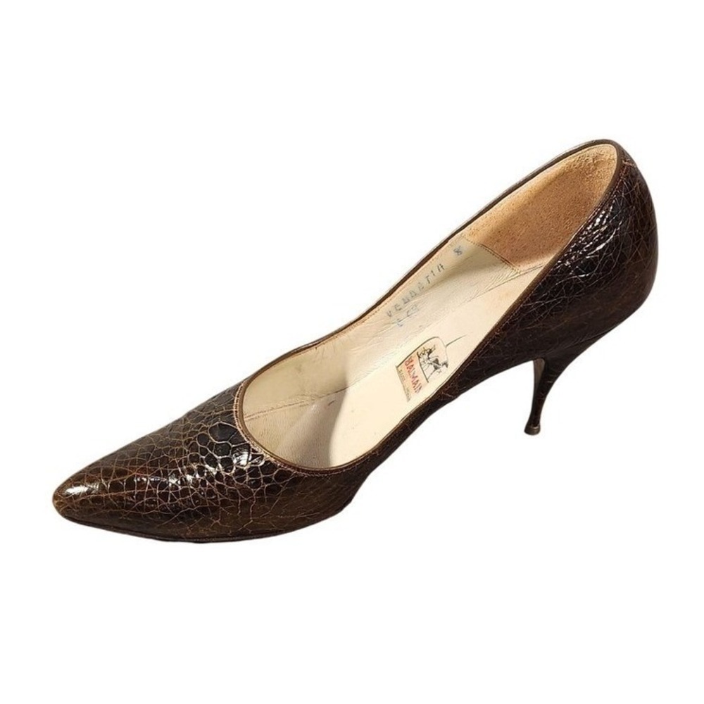Balmain Paris Vintage Brown Crocodile Embossed Leather Stiletto Pumps Heels 8